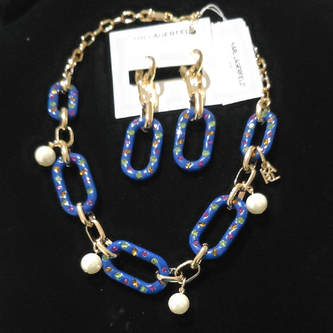 Karl Lagerfeld Blue And Gold Necklace And Earring .